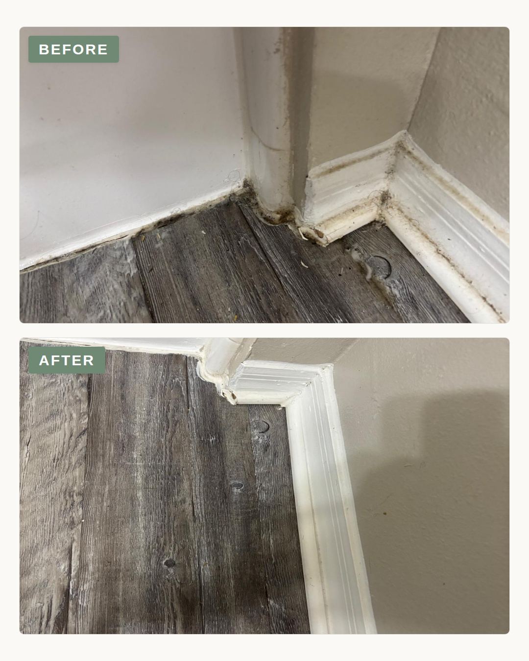 Before and after photo of baseboards and a floor corner cleaned by Bóson Clean