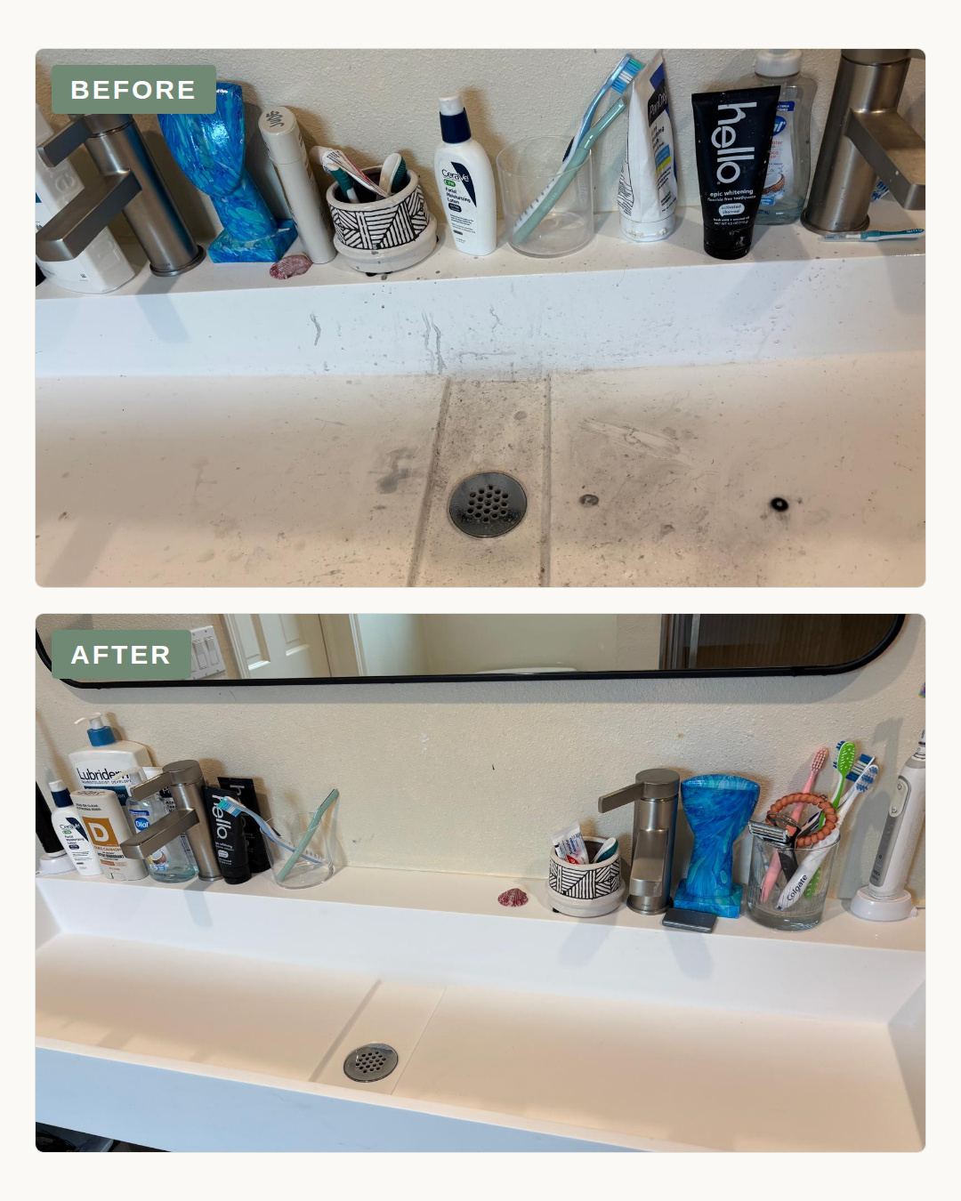 Before and after photo of a bathroom vanity cleaned by Bóson Clean
