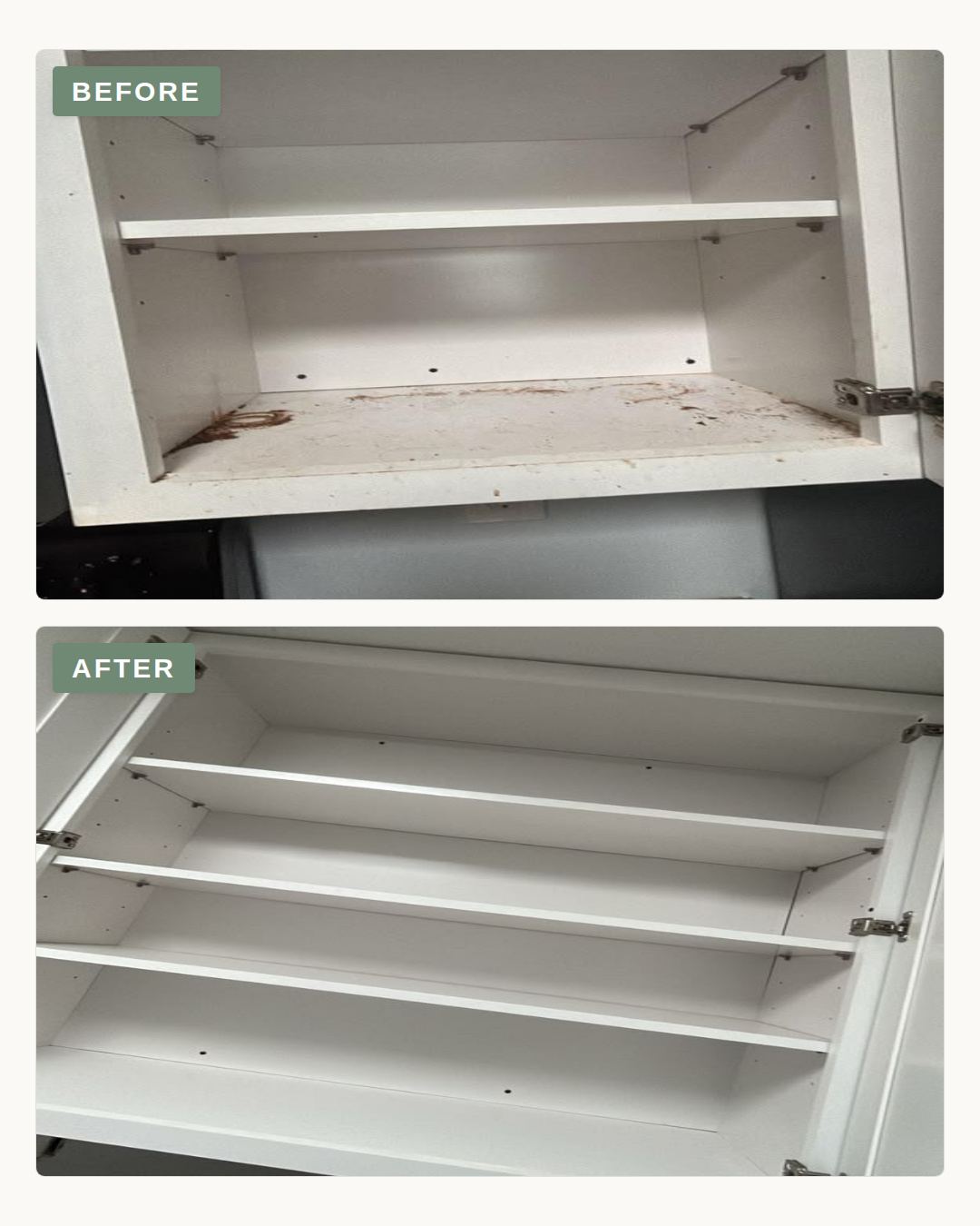 Before and after photo of the inside of a kitchen cabinet cleaned by Bóson Clean