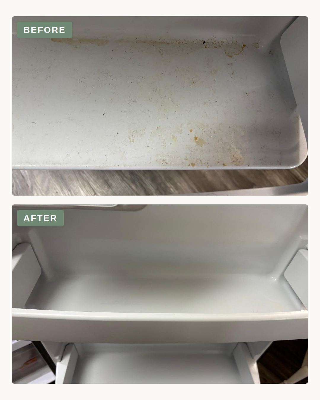 Before and after photo of a refrigerator drawer cleaned by Bóson Clean